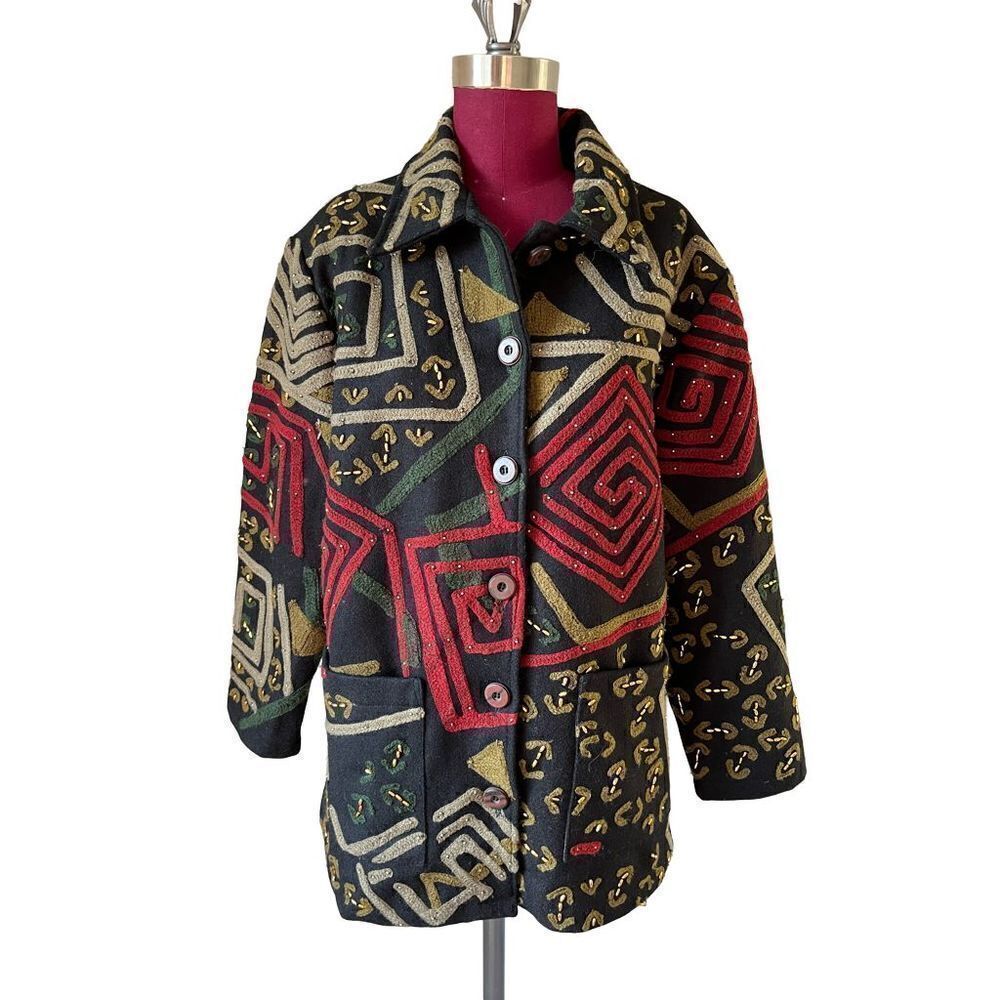 Wool Blend Jacket XS Embroidered Abstract Embellished Funky Oversized‎